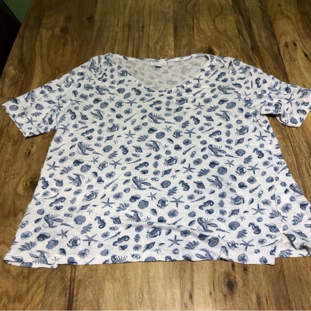 J Jill Love Linen 100% Linen Nautical Print White Blue Tee
Womens Large Petite